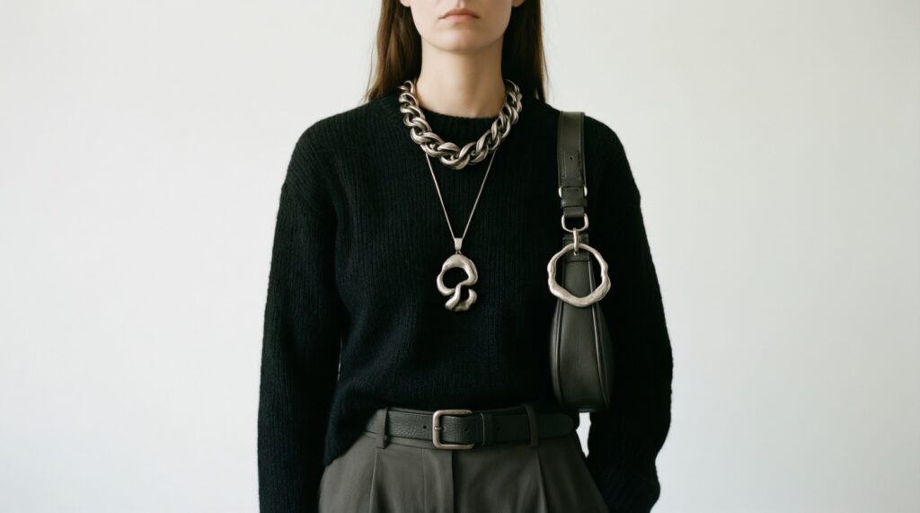 Черный тотал-лук без скуки: игра текстур, пропорций и аксессуаров - иллюстрация