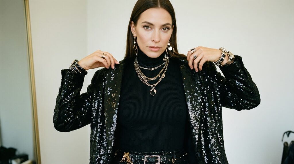 Черный тотал-лук без скуки: игра текстур, пропорций и аксессуаров - иллюстрация