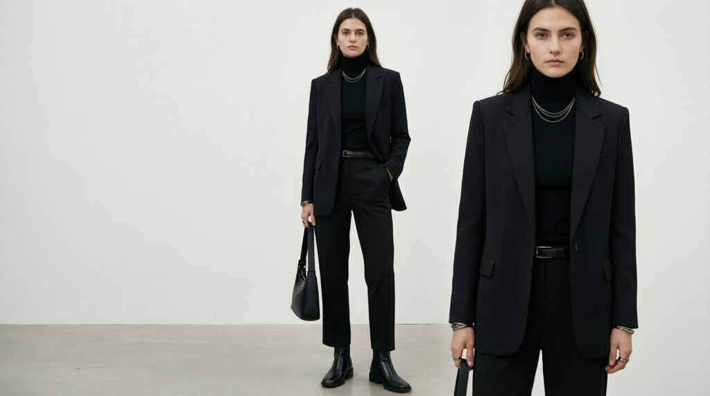 Чёрный тотал-лук без скуки: фактуры, пропорции и акцентные детали - иллюстрация